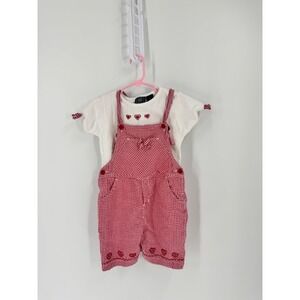 For You Vintage Gingham Overalls Kids 5T Red Heart Embroidered 2PC Set